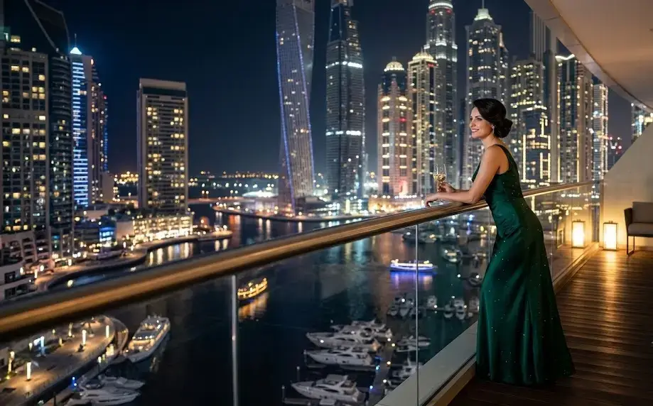 Woman in a green evening gown stands at a balcony railing, admiring a brightly lit urban skyline and marina at night, holding a glass of wine.